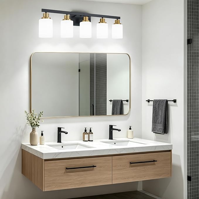 Bathroom Vanity Light, 5-Light Vanity Lighting Black and Gold,30" | Black and Gold Wall Light Fixture,Bathroom Light Fixtures with Frosted Glass Shade for Mirror Bedroom Restroom Sink