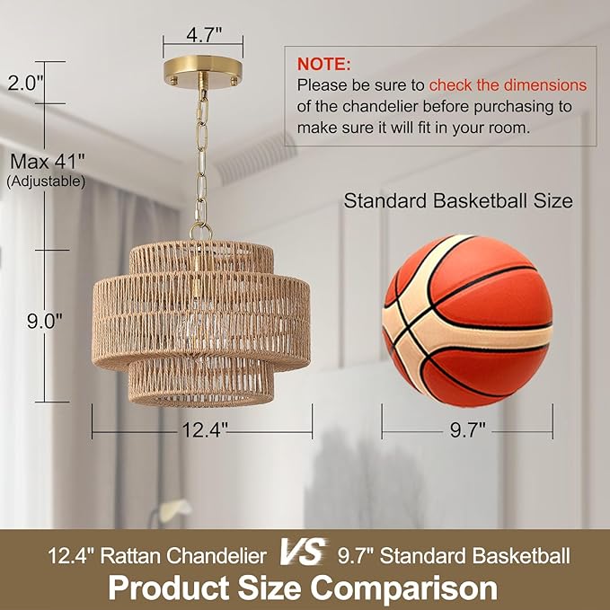 12.4" Large Boho Rattan Farmhouse Chandeliers for Dining Room, Rattan Hand-Woven Rustic Drum Chandelier Pendant Light Fixture for Kitchen Island Bedroom Living Room Entryway Foyer