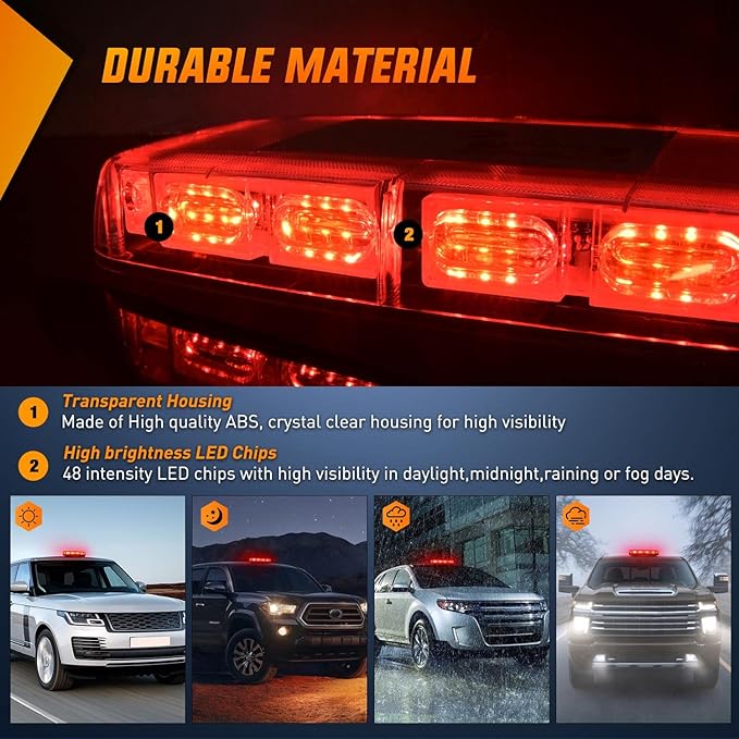 Nilight 12 Inch Roof Top Strobe Lights 48LED Hazard Light Emergency Safety Warning LED Flashing Bar Magnetic Mount 12V 24V Cars Trucks Tractors Snow Plows Construction Vehicles