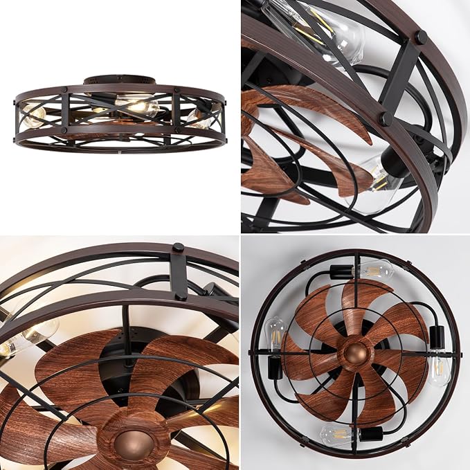 SHLUCE 22" Fandelier Caged Ceiling Fan with Light, Rustic Low Profile Bladeless Ceiling Fans with Lights and Remote, Farmhouse Flush Mount Ceiling Fan with Light for Kitchen, Bedroom, Brown - ETL