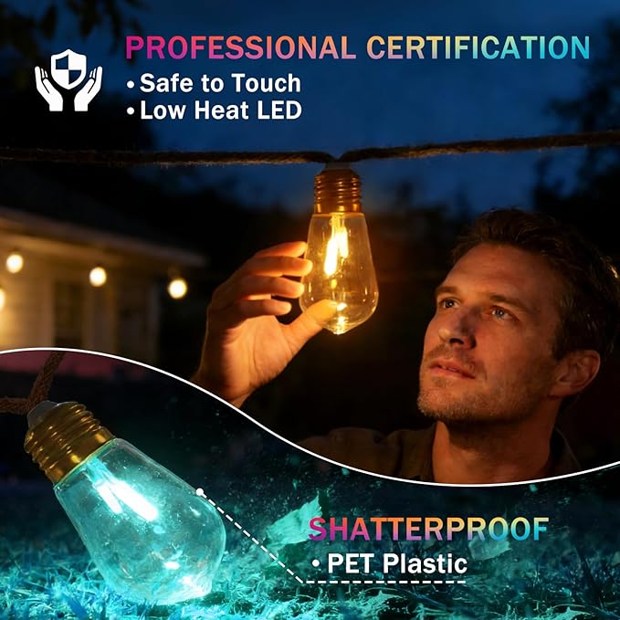 (New) Outdoor String Lights, 8 Modes Colorful LED Patio Lights, 24FT Waterproof Shatterproof Fairy Lights, Hemp Rope Hanging Lights for Garden, Yard, Party, Christmas Decor