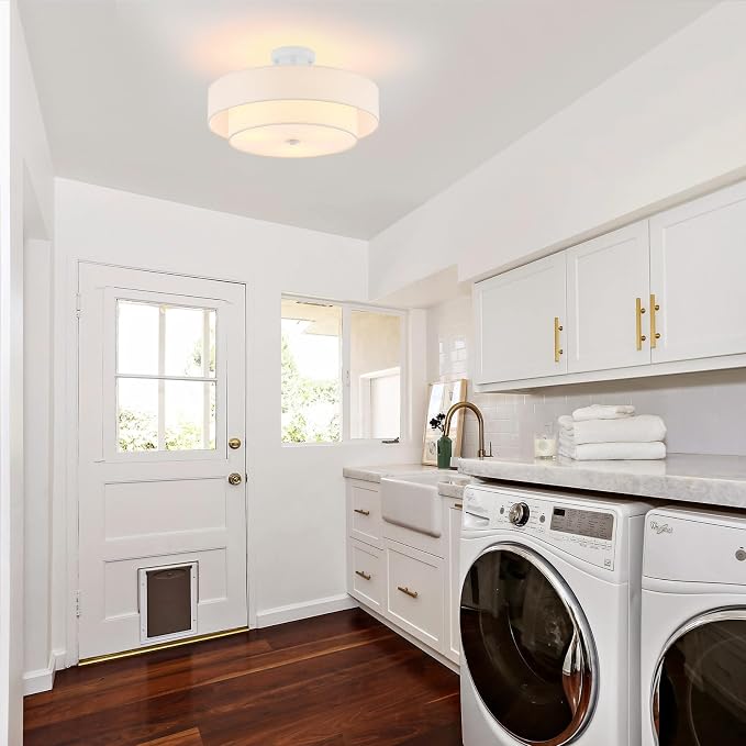 18" White Semi Flush Mount Ceiling Light, Linen 3-Light Fixture | White Linen Double Drum Shade, Modern Style For Bedroom,Hallway, Kitchen And Laundry; Close-To-Ceiling, E26, Easy Install