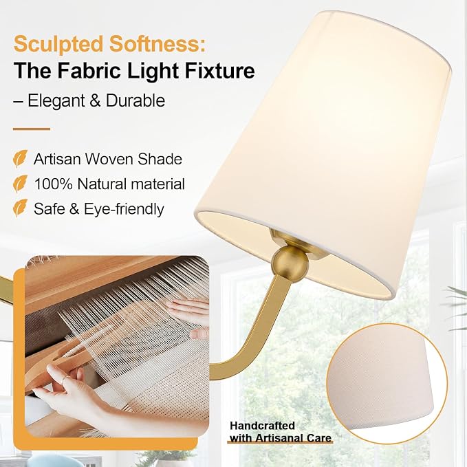 MOKATNG Bathroom Light Fixtures, 3-Light Brushed Gold Vanity Lights, Bathroom Lighting Fixtures Over Mirror with Flared White Fabric Shade, Modern Wall Sconces for Living Room Hallway
