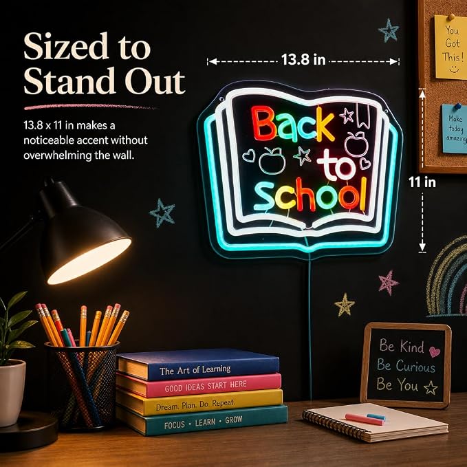 Back to School Neon Sign, Classroom LED, 13.8" x 11"IN | Chalkboard Style, Typography with Apple & Stars, Study Room Decor, For Kids & Teachers