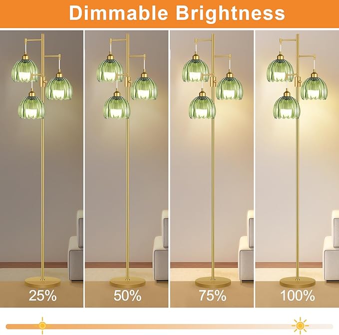 Gold Floor Lamps for Living Room Bedroom-3 Light Glass Floor Lamp with Three Led Bulb, Flower Tall Floor Lamp Dimmable Mid Century Modern Standing Lamp Vintage Tree Floor Lamps for Bedroom Corner