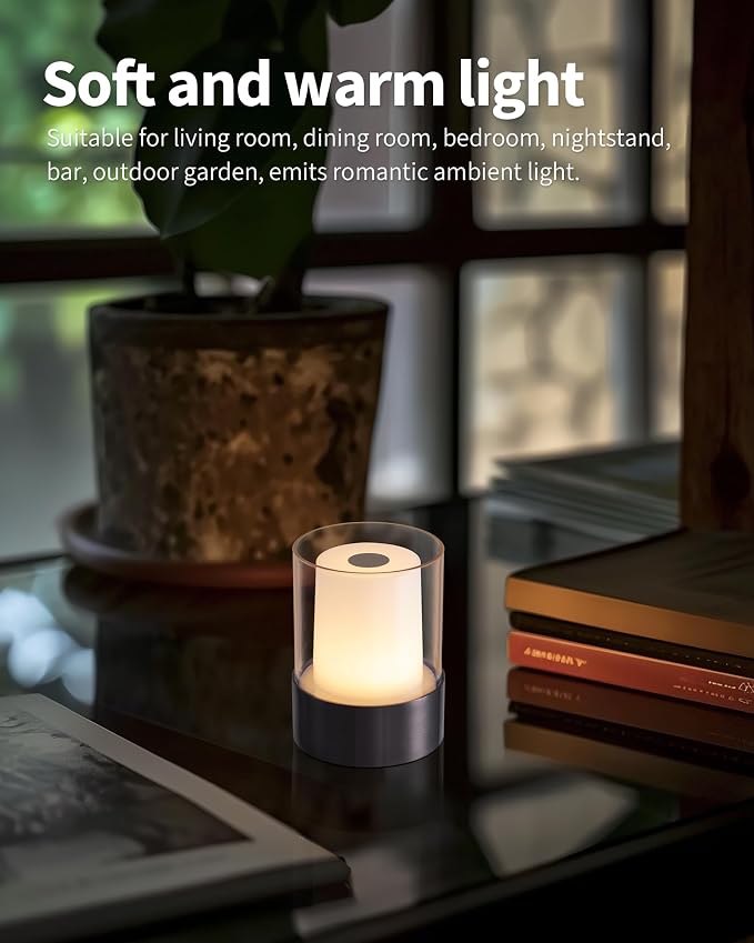 4" Black Cordless Table Lamp Set of 2, Outdoor Rechargeable Lamp | LED, Battery Operated, Portable, Touch Night Light for Dining Room, Camping, Bar, Party, Bedside, Bedroom, Home Decor, Gift