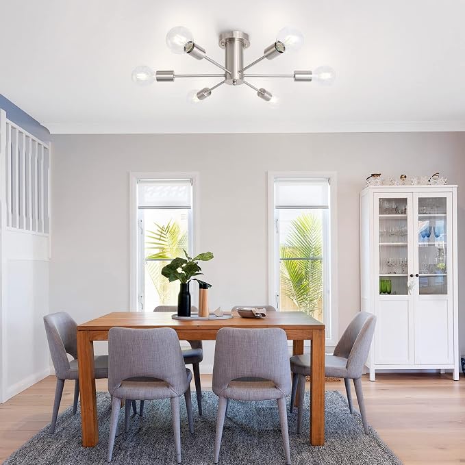 Kitchen Light Fixtures 6 Lights Ceiling Lights Fixture Nickel Modern Semi Flush Mount Lighting Sputnik Chandelier for Bedroom Dining Room Hallway