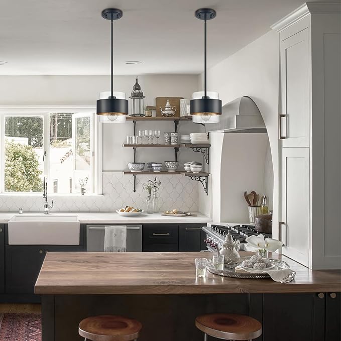 CLAXY Pendant Lights Kitchen Island Black Rod Hanging Kitchen Pendant Light Fixture, Clear Glass Cylinder Shade