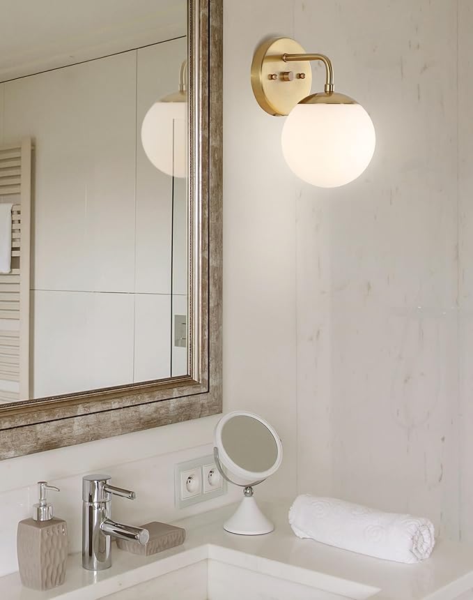 JONATHAN Y 5.75" Brass Gold Modern Globe Wall Sconce Vanity Light for Bathroom, White Frosted Glass Shade, Midcentury Parisian Bistro Wall Lamp, LED Bulb Included JYL3534A