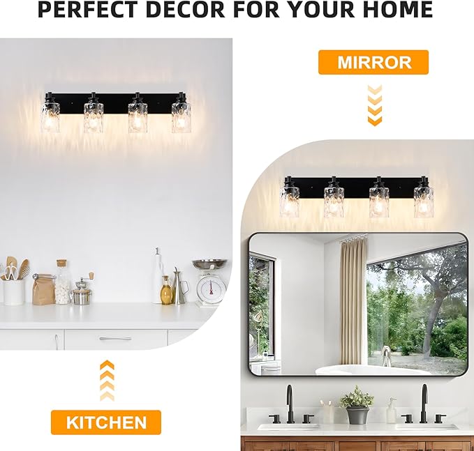 4 Light Bathroom Vanity Light Modern Black Bathroom Light Fixtures Over Mirror with Hammered Glass Lampshade for Kitchen Hallway
