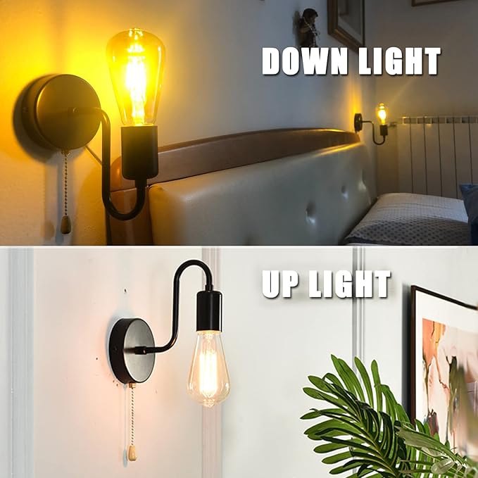 Hardwired Wall Sconce with Switch Set of Two, Small Wall Light Fixtures with Pull Chain, Black Metal Indoor Wall Lights E26 Edison Vintage for Kitchen Hallway