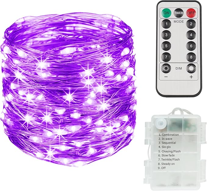 Hallowee Fairy Lights Battery Operated, 33ft 100 LED Fairy Lights with Remote, Purple String Lights for Outside, Porch, Home, Backyard, Window, Yard, Garland, Party Decorations