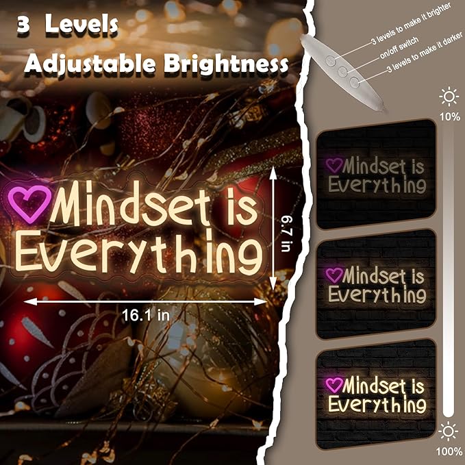 Mindset is Everything neon sign, suitable for classroom wall decoration, back-to-school season, graduation season, student gifts. Dimmable, USB powered, pink heart-shaped inspirational neon light.