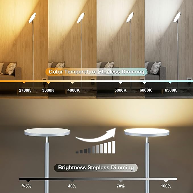 69" LED Floor Lamp, 3600LM Torchiere Modern Standing Lamp for Living Room | 350W Equivalent, Stepless Dimming 2700K-6500K, Remote & Touch Control, Super Bright, Floor Lamp for Living Room Bedroom, Gray