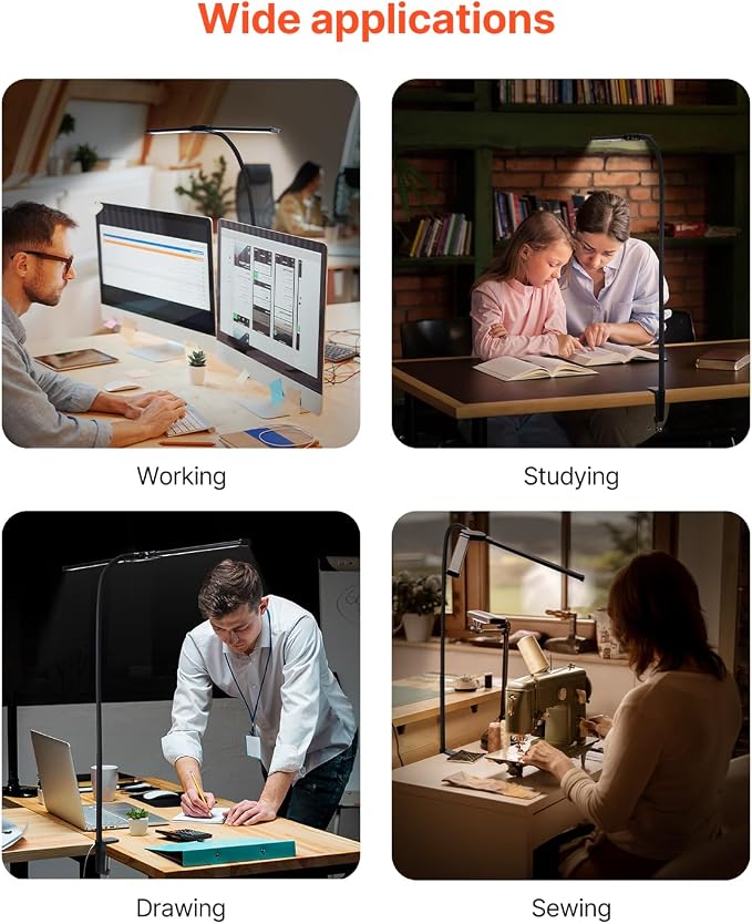 VEVOR LED Desk Lamp with Clamp, Double Head Architect Desk Lamp for Home Office, Eye-Caring Desk Light with 360° Adjustable Gooseneck, 50 Lighting Modes & Timer Function for Studying Working Drawing