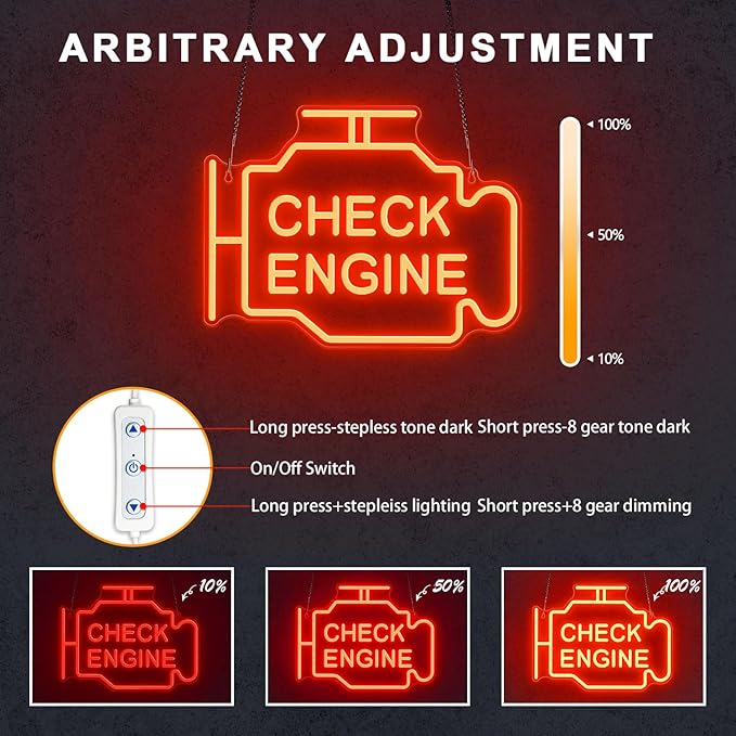 Check Engine Neon Signs for Wall Decor, Garage Led Neon Light Sign for Man Cave Decor, Funny Gifts for Dad & Car Guys, Mechanics, Auto Repair Shop, Workshop, Garage Decor, USB Powered