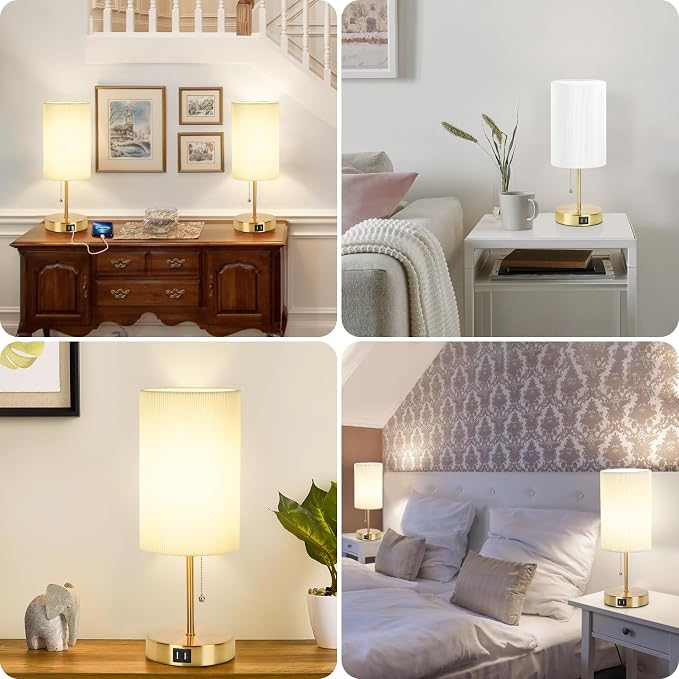 2 Sets Table Lamps with 2 USB, Minimalist Beside Lamps for Bedroom, Nightstand Lamp with Pull Chain, Desk Lamps with White Pleated Shade and Gold Metal Base for Living Room Dorm Reading Hotel
