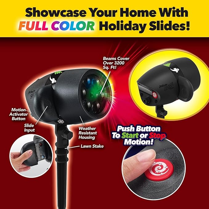 Star Shower Slide Show Full Color Projector Multi Purpose with 4 Christmas & 2 Halloween Slides Included. Weather-Resistant, Decorate for Holidays Quick & Easy.