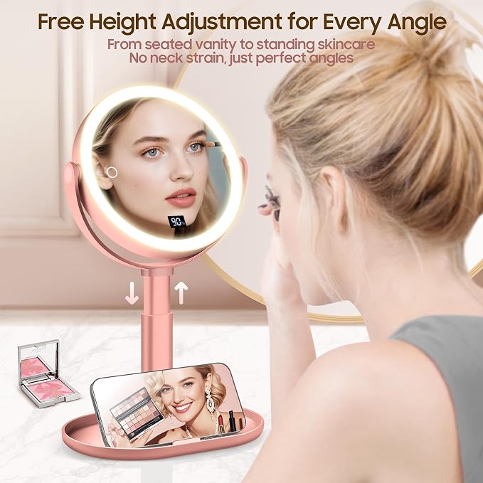 Makeup Magnifying Mirror with Light 30X/1X, Digital Display, 2-Sided Touch Control, Makeup Mirror with 3 Color Lights,360° Rotate, Height Adjustable Lighted Magnifying Mirrors for Desk Travel