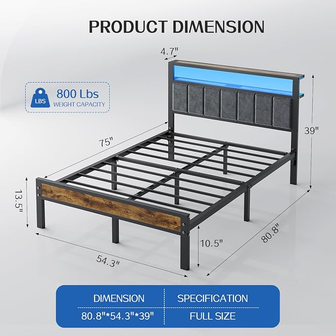 Liians Full Size Bed Frame with LED Lights, Charging Station | Platform Bed with Grey Upholstered Headboard, 2-Tier Storage Shelf, Noise Free, No Box Spring Needed