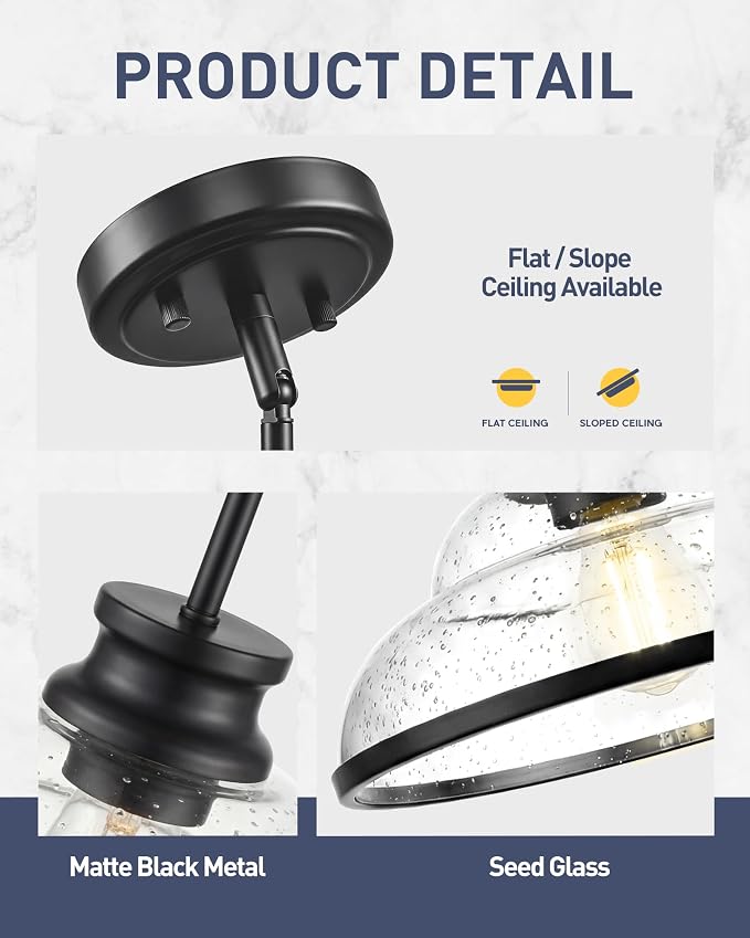 kudos 2-Pack 11" Black Seeded Glass Pendant Lights, KDPL14-BK-2PK | E26 Bulb Base, Hardwired, Farmhouse Styling, Adjustable Hanging Rods for Flat or Sloped Ceilings, for Kitchen Bars