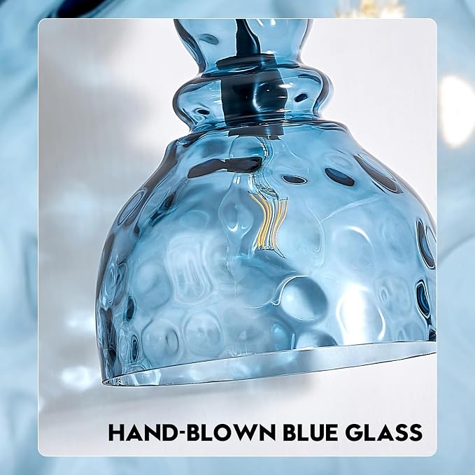 Coastal Pendant Light Blue Hammered Glass Kitchen Island Lights 10in Large Pendant Hanging Light for Dining Room Kitchen Sink Hallway Entrance, E26