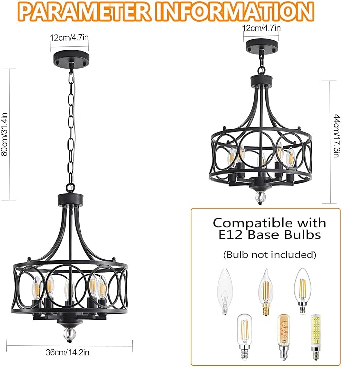 5-Light Black Chandelier,14.2in Farmhouse Lantern Pendant Light Fixture,Adjustable Hanging Ceiling Lighting with E12 Socket,for Kitchen Island,Bedroom,Entryway,Dining Room