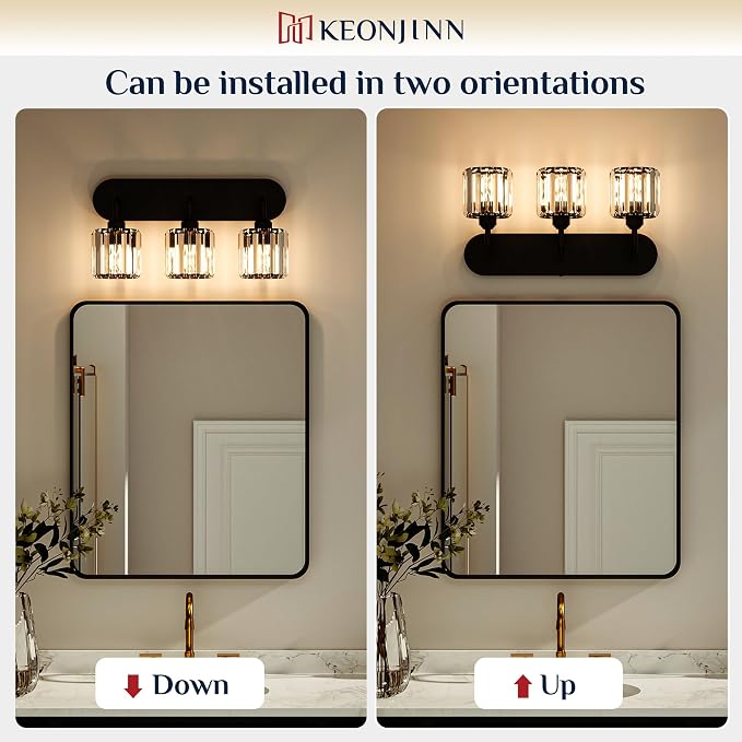 Keonjinn 4-Light Black Bathroom Light Fixtures Over Mirror, Crystal | Vanity Lighting Fixture with Crystal Square Shades, Dimmable, Modern Style, Compatible with E26 Base LED Bulbs (Exclude Bulb)