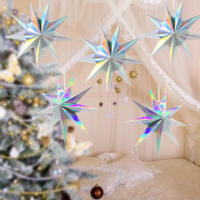 5Pack 9-Pointed Paper Star Lanterns 11.8 Inch Iridescent Hanging Paper Lampshade for Winter Wonderland, Christmas Holiday, Weddings, Frozen Birthday Party Celebration Decor