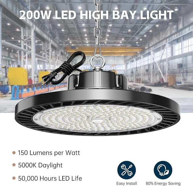 lvsdak UFO LED High Bay Lights 200W 30000LM 5000K 6 Pack | with Plug Suitable for Warehouse Workshop Factory Gym Garage Barn AC100-277V