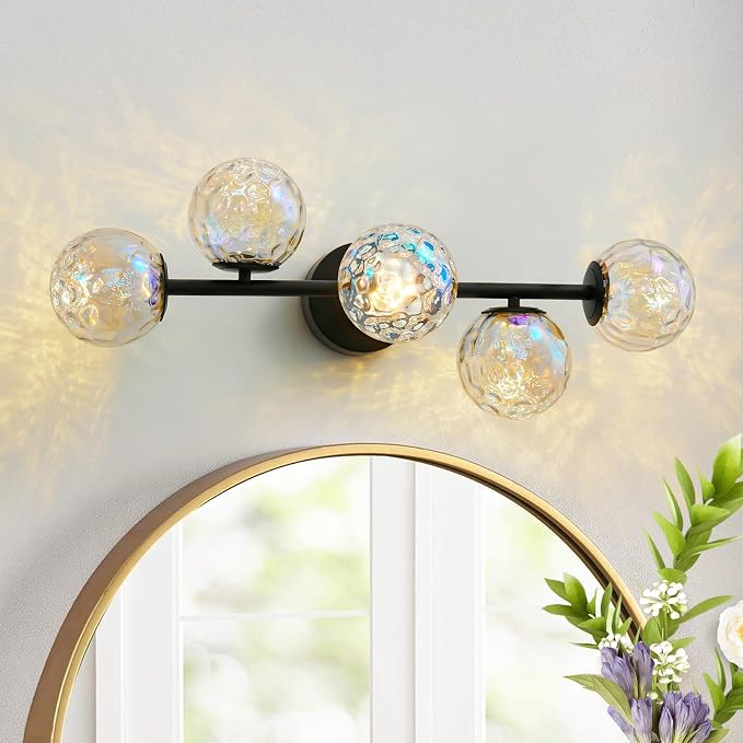 27" Black LED Stained Hammered Glass Globe Bathroom Vanity Light | Colorful Water Ripple Light Effect, Decorative Stained Hammered Glass, Matte Black, Integrated Led Source, Mid Century Design