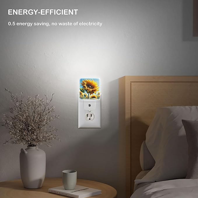 LED Night Light Lamp with Smart Sensor Dusk to Dawn Sensor,Large Vivid Sunflower with Curve Petal Surrounded By Other Sunflower Under Blue Sky Night Light Daylight White,0.5W Plug-into Wall