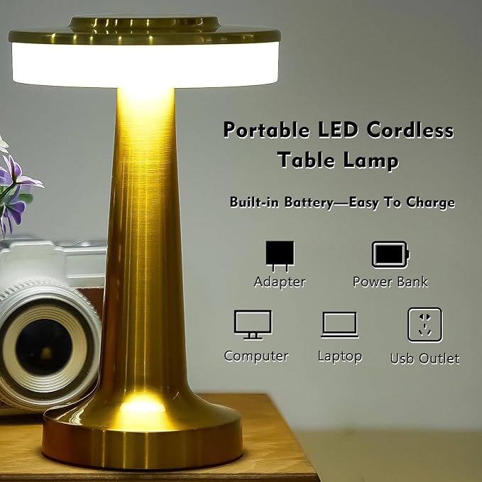Riakrum 2 Pcs Gold LED Portable Cordless Table Lamp Bulk with Touch Sensor 3 Color Stepless Dimming Rechargeable Battery up to 15 Hours Cordless Table Light Wireless Lamp Wedding Home