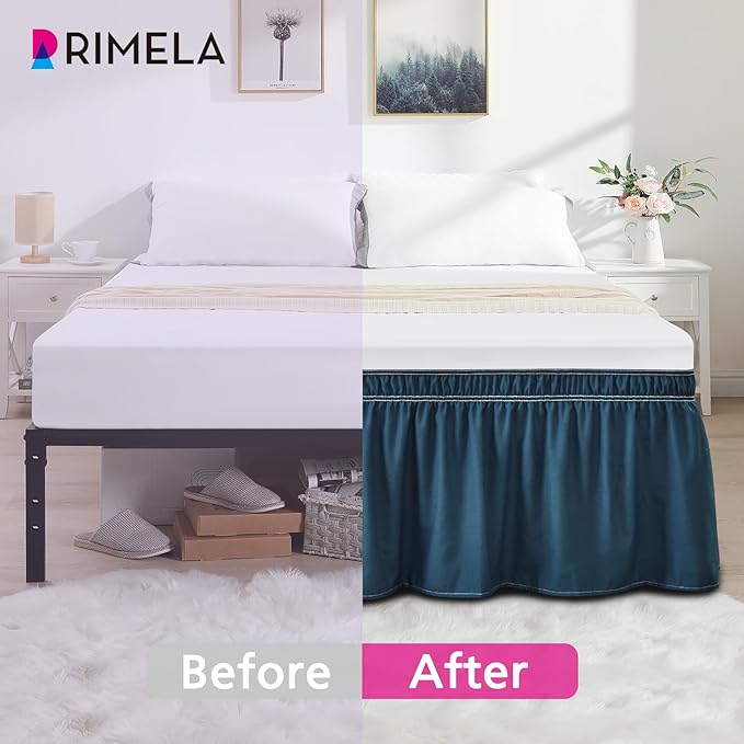 RIMELA Dusty Navy Bed Skirt Queen Size 15 Inch Drop, Wrap Around Elastic Bedskirt, Dust Ruffle for Adjustable Bed Base Machine Washable Easy to Install Bed Skirts