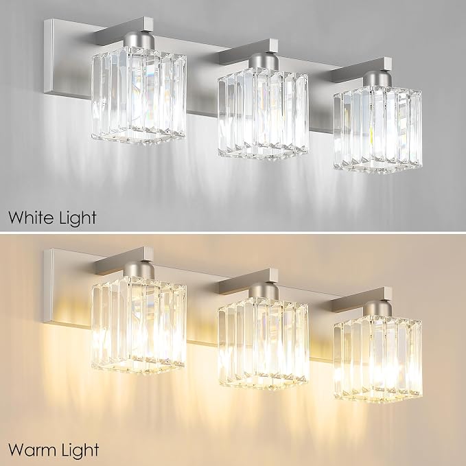 Aipsun Brushed Nickel Vanity Light Bathroom Lighting Fixtures 3 Light Crystal Modern Bathroom Vanity Light (Exclude Bulb)