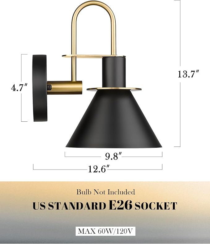 Black Wall Sconce, HWH Industrial Indoor Wall Light Fixture, Single Wall Vanity Light Brass Barn Wall Sconce Lamp for Bedroom Kitchen, Black and Gold Finish, 5HZG56B-L BK+BG