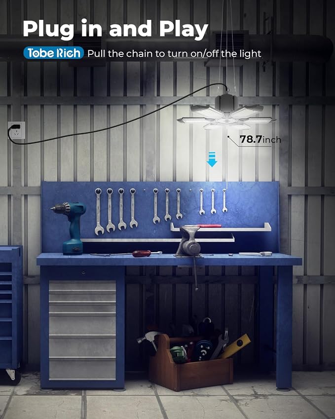 toberich 4 Pack Plug in Garage Light with Pull String 18000LM Shop Lights | 6500K Daylight, Linkable, 9.84FT Power Cable, Work Lights for Garage Workshop Utility Room