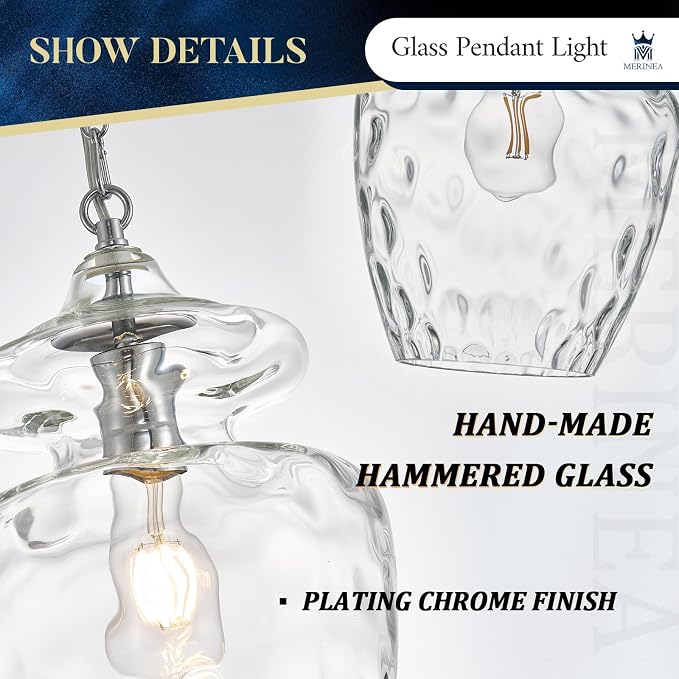 Chrome Hammered Glass Pendant Light for Kitchen Island, 9" Modern Hanging Lighting Fixture for Kitchen Sink Dining Room Entryway Hallway Bedroom, E26 Base