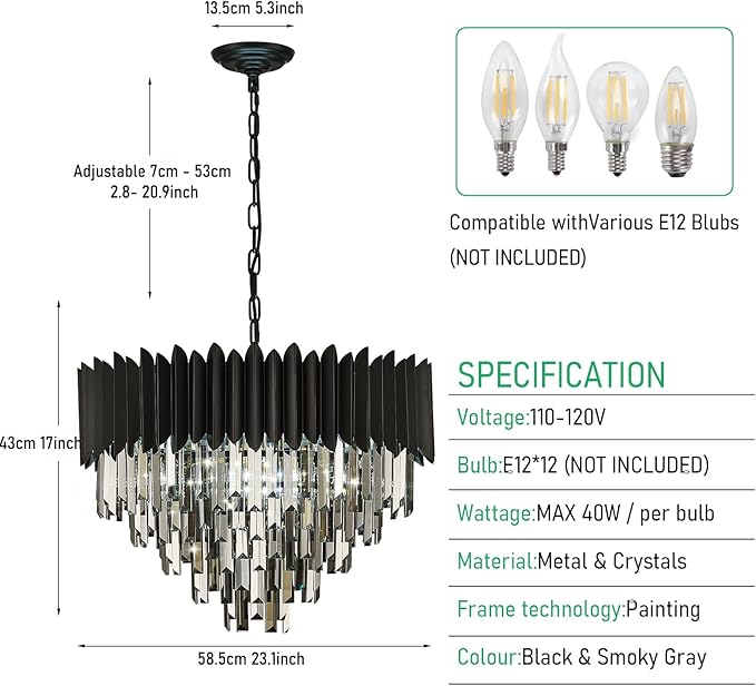 8-Light Large Crystal Chandeliers 24" Dining Room Light Fixture 5-Tier Flush Mount Smoke Gray and Black Crystal Chandelier Round Pendant Light for Dinning Room Living Room Entryway Foyer