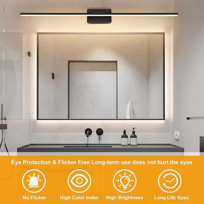 LED Bathroom Vanity Light, Modern Bathroom Light Fixture Over Mirror (3000K/4000K/6000K, Dimmable), Vanity Light Bar with Angle Adjustable, 48 Inch, Black