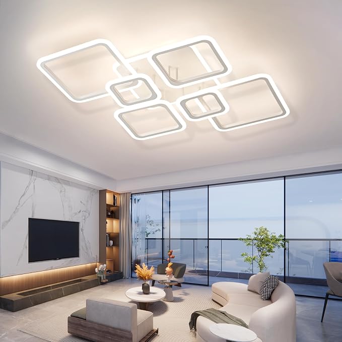 Smart LED Ceiling Light, 36.2″ Square Flush Mount Fixture, 6+1 Ring Modern Design, 130W Dimmable Acrylic Light with Remote, WiFi Alexa & App Control for Bedroom Living Room Dining Room (White)