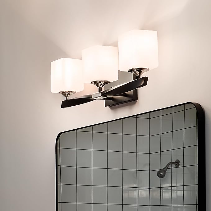 Kichler Marette 3-Light Bathroom Vanity Light, Black | Modern transitional vanity light with satin etched cased opal glass (22.75" x 8"), 55002BK