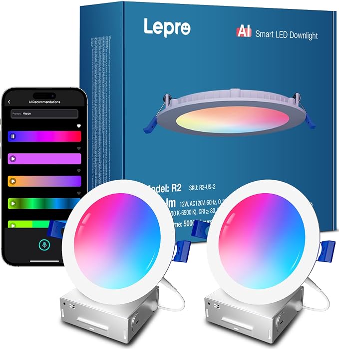 Lepro R2 AI Smart LED Recessed Lighting 6 Inch, 1050LM 12W Wafer Downlight | Alexa Enabled, RGBCW Ceiling Lights for Bedroom, APP Control, Sync Music, AI Lighting Designer, 2.4G WiFi, Bluetooth, 2-Pack