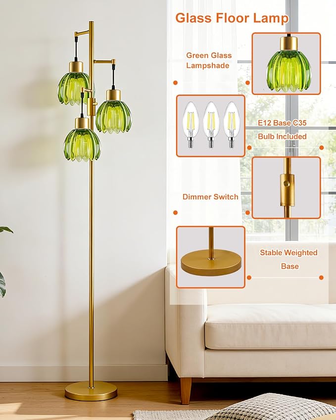 Lightdot 65'' Green Glass Floor Lamp Dimmable Gold Floor Lamps with Lotus Glass Shade& 3000K Bulbs Included 3-Lights Modern Tall Standing Lamp with 5Lbs Heavy Base for Living Room/Bedroom/Sofa Beside