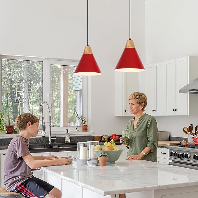 Red Pendant Light, 2 Packs 9.4inch Farmhouse Pendant Light, Kitchen Pendant Lights, Pendant Lights Kitchen Island for Living Room, Bar, Bedroom, Office