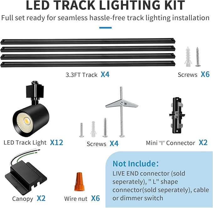 2 Pack 6-Light LED Track Lighting Kit with 6.6FT H Type Track Lighting Rail, Dimmable Track Lights Modern Kitchen Track Lighting Fixtures Spot Light 2700K-5000K, CRI90+, 36° Beam 10W 800lm, Black