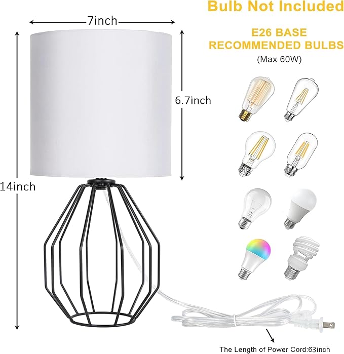Small Table Lamp Set of 2 Black, Small Bedside Lamps, Cute Desk Lamps with Metal Cage & Linen Lampshade, Nightstand Lamps for Bedroom, Living Room, Kids Room, Office