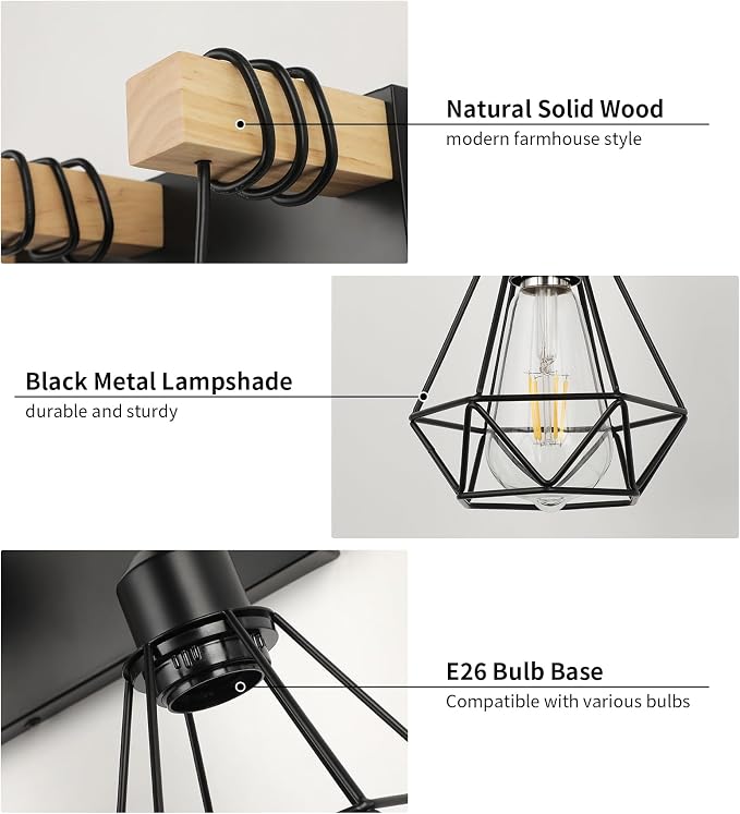 foucasal 3-Light Farmhouse Vanity Lights, Rustic Wood Bathroom Light | Black Metal Cage & Wood Vanity Light Fixtures Over Mirror, Wall Sconce Lighting for Bathroom Bedroom Hallway Living Room