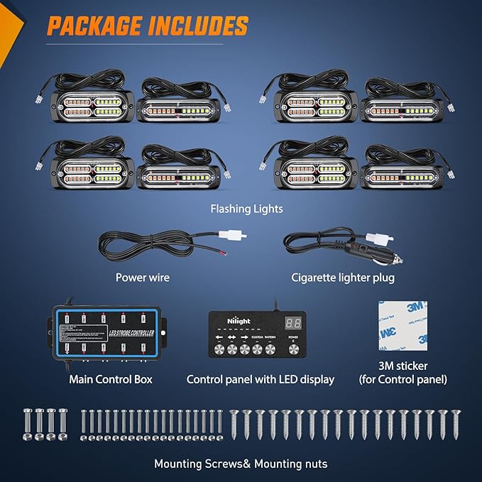 Nilight 8PCS LED Strobe lights 12V Sync Feature Amber White 12 24LED Emergency Hazard Warning Lights with Controller for Cars Trucks RVs Campers, 2 Years Warranty