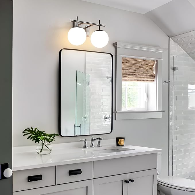 Brushed Nickel Vanity Light for Bathroom, 2-Lights Modern Vanity Lighting with Milky White Frosted Glass Shade, Bathroom Light Fixture Mid Century Wall Sconce (Exclude E26 Bulb)